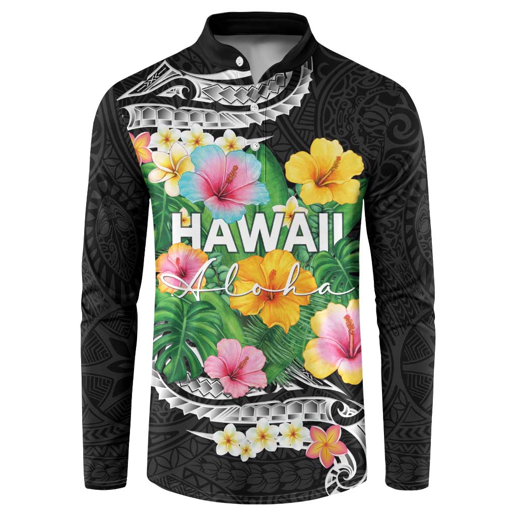 Hawaii Aloha Tropical Leaves and Flower Button Sweatshirt with Polynesian Art Tattoo Black Color LT03 Black - Polynesian Pride