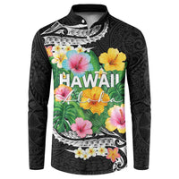 Hawaii Aloha Tropical Leaves and Flower Button Sweatshirt with Polynesian Art Tattoo Black Color LT03 Black - Polynesian Pride