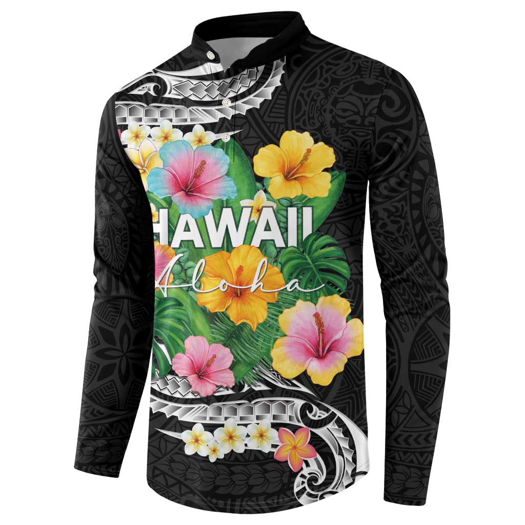 Hawaii Aloha Tropical Leaves and Flower Button Sweatshirt with Polynesian Art Tattoo Black Color LT03 - Polynesian Pride