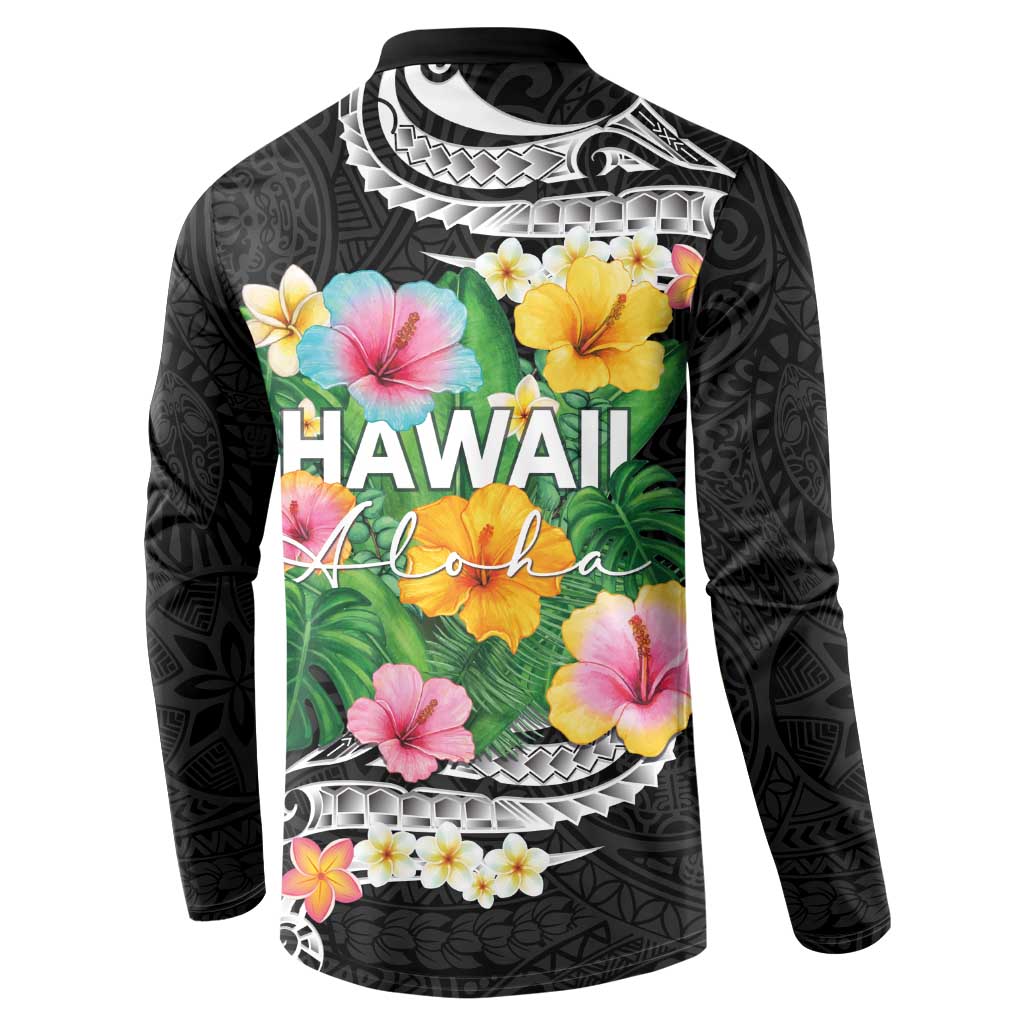 Hawaii Aloha Tropical Leaves and Flower Button Sweatshirt with Polynesian Art Tattoo Black Color LT03 - Polynesian Pride