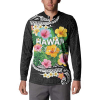 Hawaii Aloha Tropical Leaves and Flower Button Sweatshirt with Polynesian Art Tattoo Black Color LT03 - Polynesian Pride