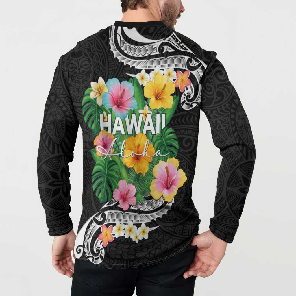 Hawaii Aloha Tropical Leaves and Flower Button Sweatshirt with Polynesian Art Tattoo Black Color LT03 - Polynesian Pride