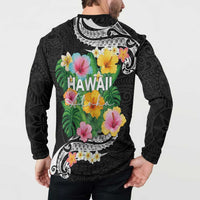 Hawaii Aloha Tropical Leaves and Flower Button Sweatshirt with Polynesian Art Tattoo Black Color LT03 - Polynesian Pride