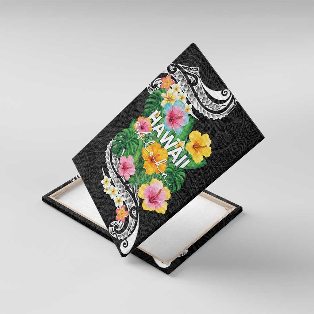 Hawaii Aloha Tropical Leaves and Flower Canvas Wall Art with Polynesian Art Tattoo Black Color LT03 With Frame Black - Polynesian Pride