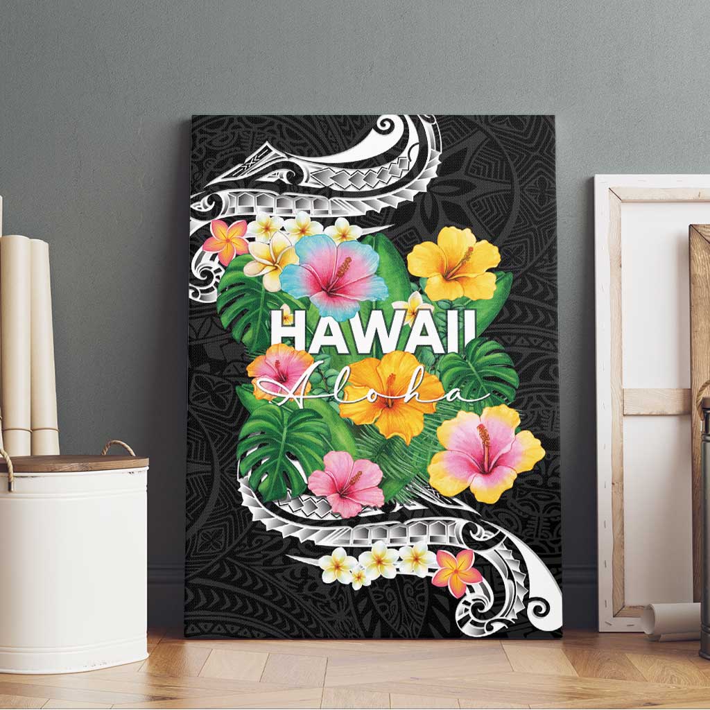 Hawaii Aloha Tropical Leaves and Flower Canvas Wall Art with Polynesian Art Tattoo Black Color LT03 - Polynesian Pride