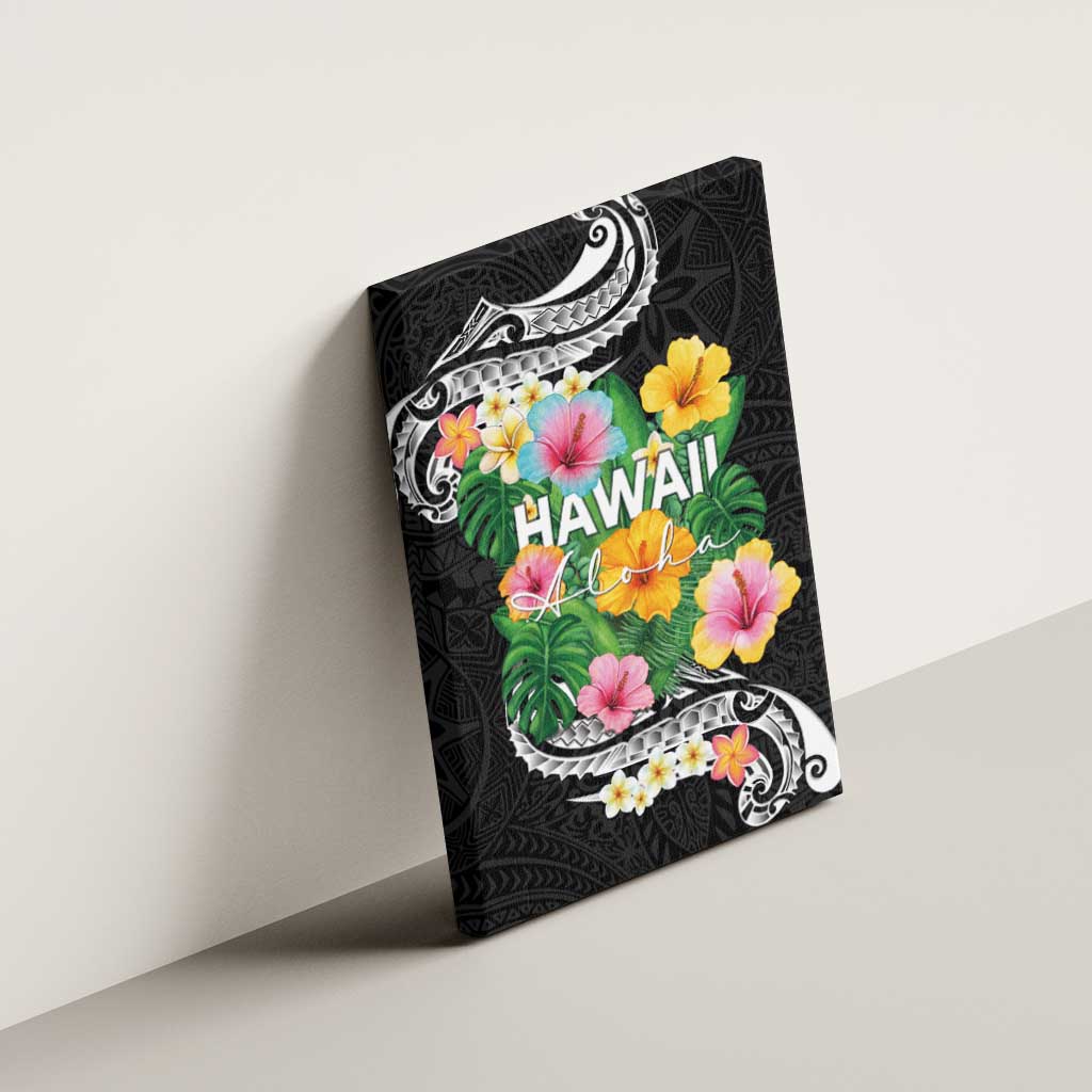 Hawaii Aloha Tropical Leaves and Flower Canvas Wall Art with Polynesian Art Tattoo Black Color LT03 - Polynesian Pride