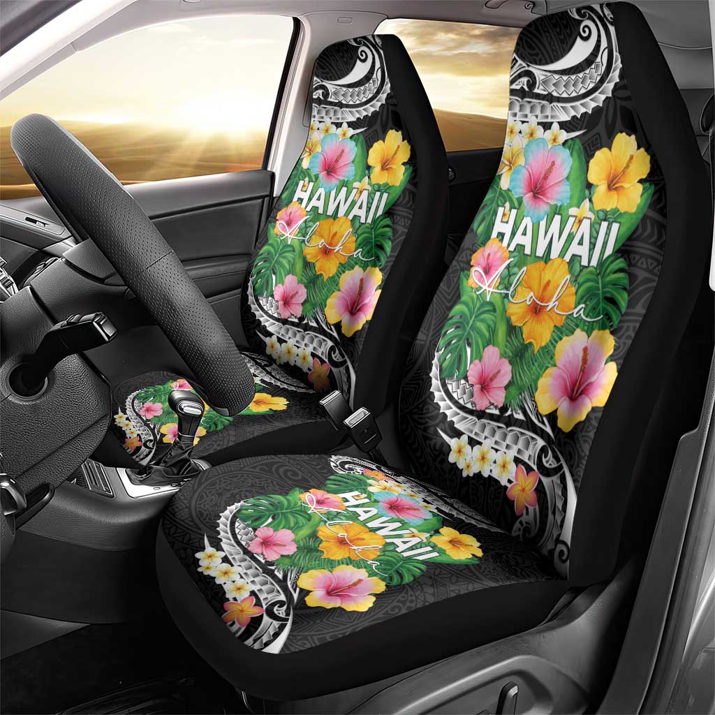 Hawaii Aloha Tropical Leaves and Flower Car Seat Cover with Polynesian Art Tattoo Black Color - Polynesian Pride