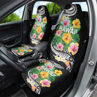 Hawaii Aloha Tropical Leaves and Flower Car Seat Cover with Polynesian Art Tattoo Black Color - Polynesian Pride