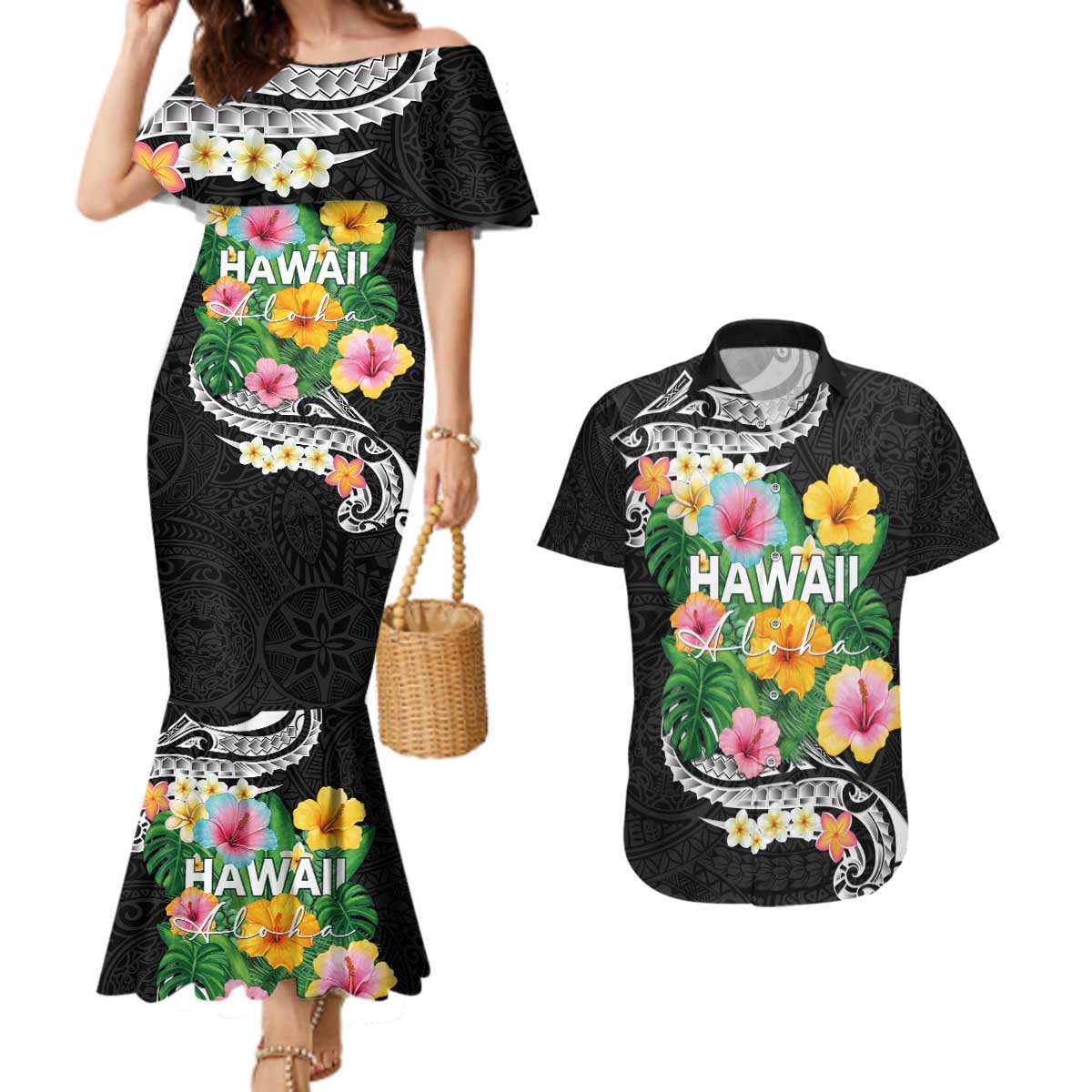 Hawaii Aloha Tropical Leaves and Flower Couples Matching Mermaid Dress and Hawaiian Shirt with Polynesian Art Tattoo Black Color LT03 Black - Polynesian Pride