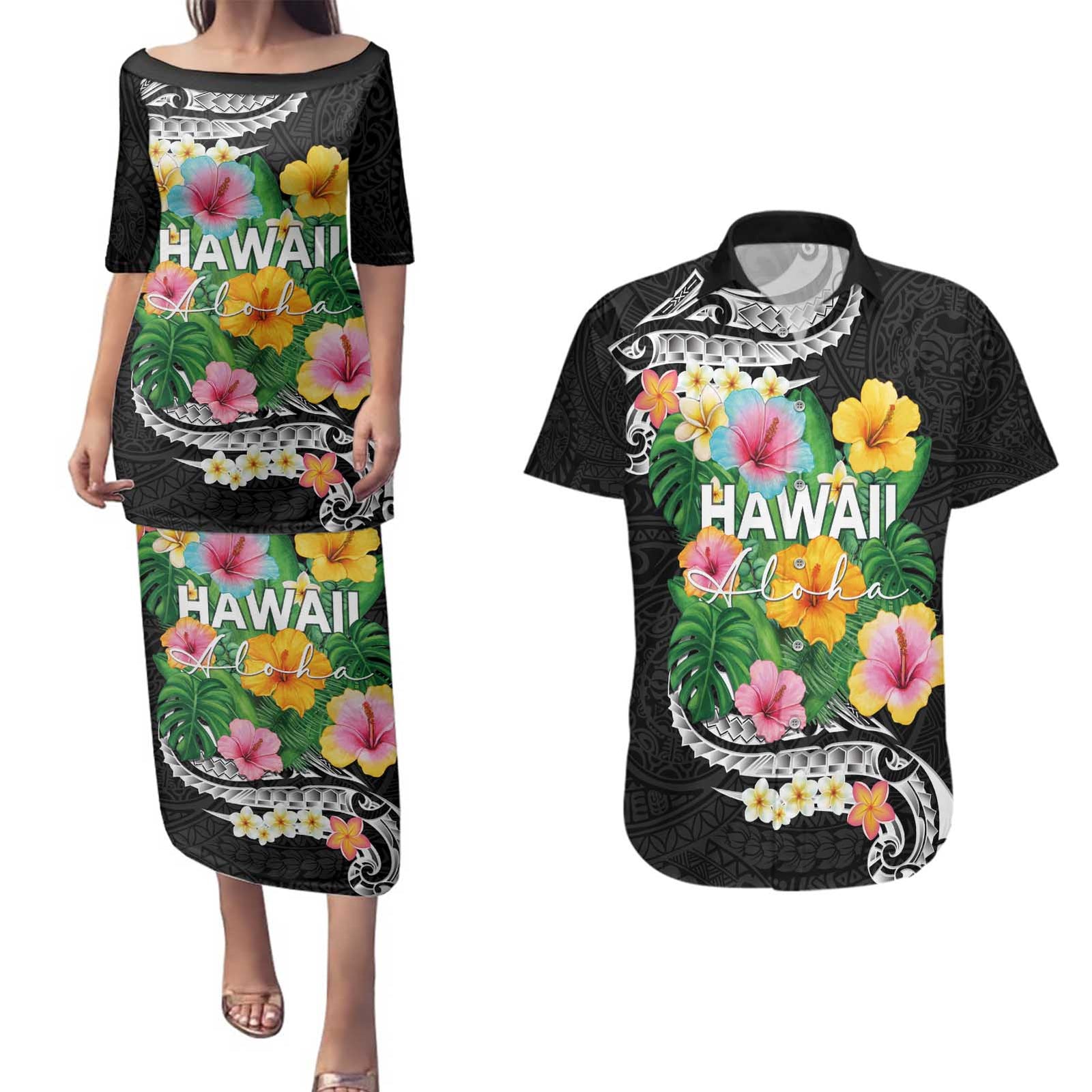 Hawaii Aloha Tropical Leaves and Flower Couples Matching Puletasi and Hawaiian Shirt with Polynesian Art Tattoo Black Color LT03 Black - Polynesian Pride