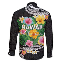 Hawaii Aloha Tropical Leaves and Flower Family Matching Long Sleeve Bodycon Dress and Hawaiian Shirt with Polynesian Art Tattoo Black Color - Polynesian Pride