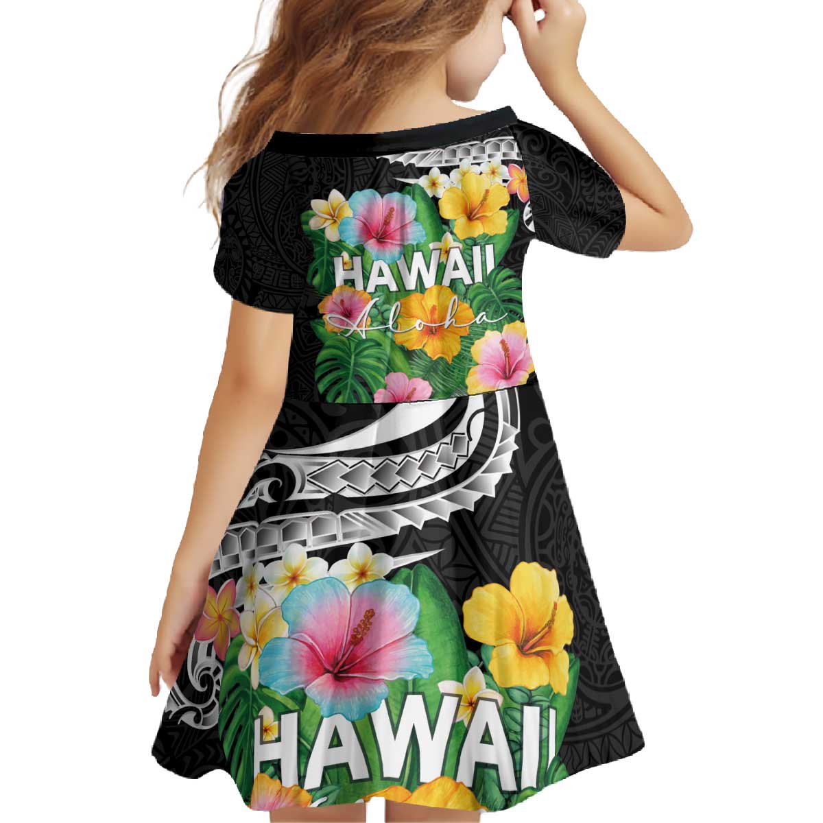 Hawaii Aloha Tropical Leaves and Flower Family Matching Off The Shoulder Long Sleeve Dress and Hawaiian Shirt with Polynesian Art Tattoo Black Color - Polynesian Pride