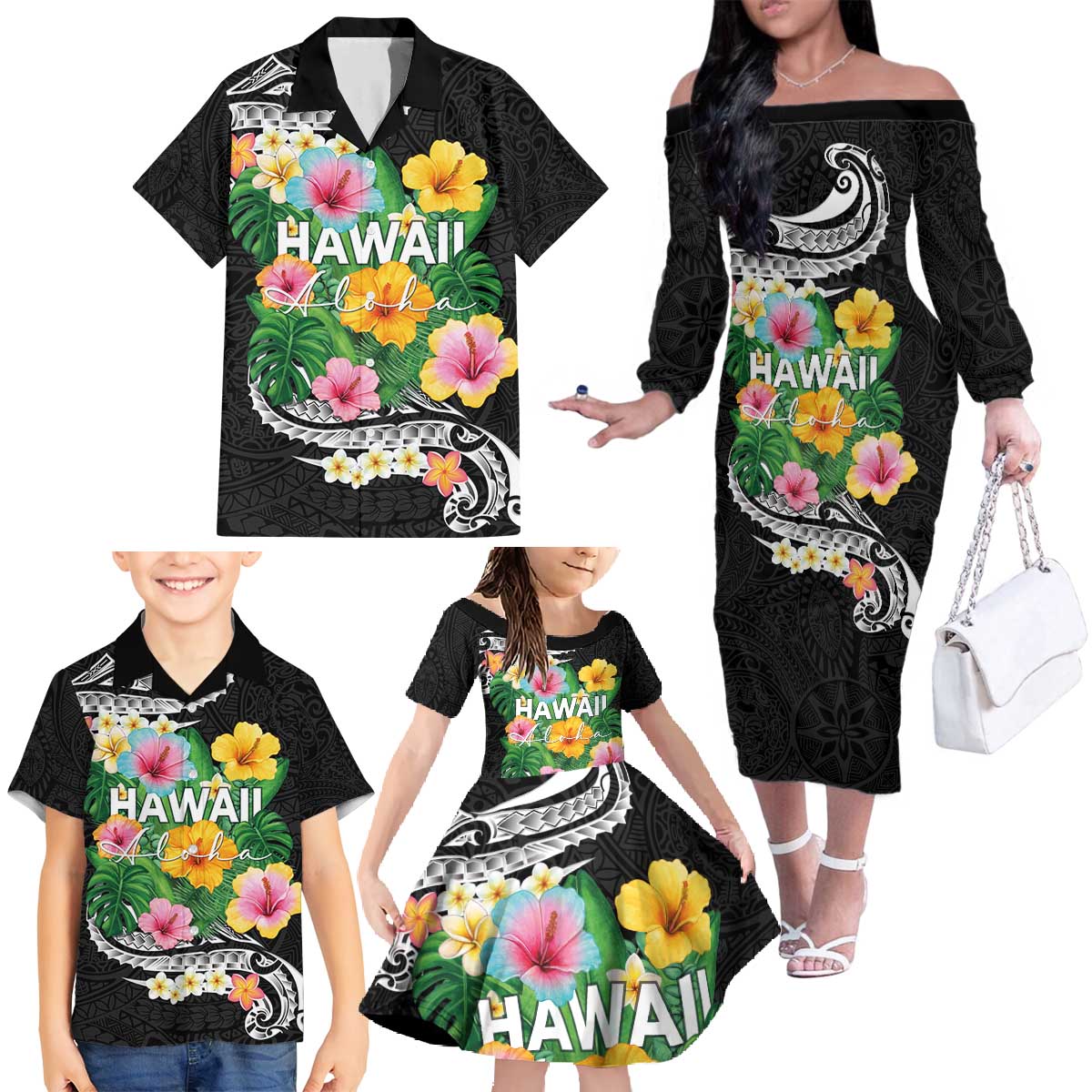Hawaii Aloha Tropical Leaves and Flower Family Matching Off The Shoulder Long Sleeve Dress and Hawaiian Shirt with Polynesian Art Tattoo Black Color LT03 - Polynesian Pride