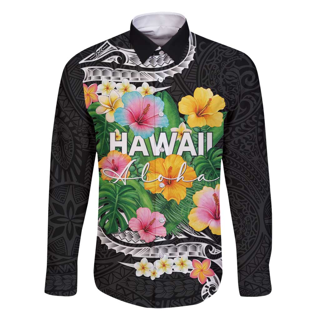 Hawaii Aloha Tropical Leaves and Flower Family Matching Off Shoulder Maxi Dress and Hawaiian Shirt with Polynesian Art Tattoo Black Color - Polynesian Pride