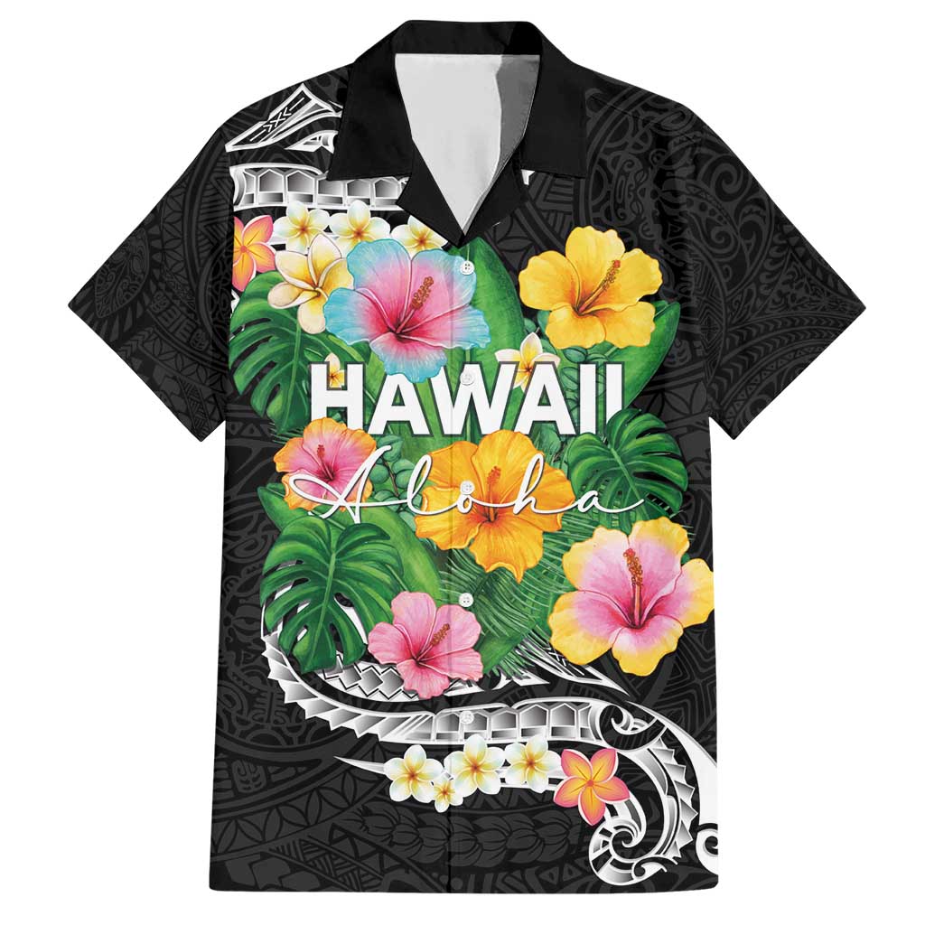 Hawaii Aloha Tropical Leaves and Flower Family Matching Short Sleeve Bodycon Dress and Hawaiian Shirt with Polynesian Art Tattoo Black Color - Polynesian Pride