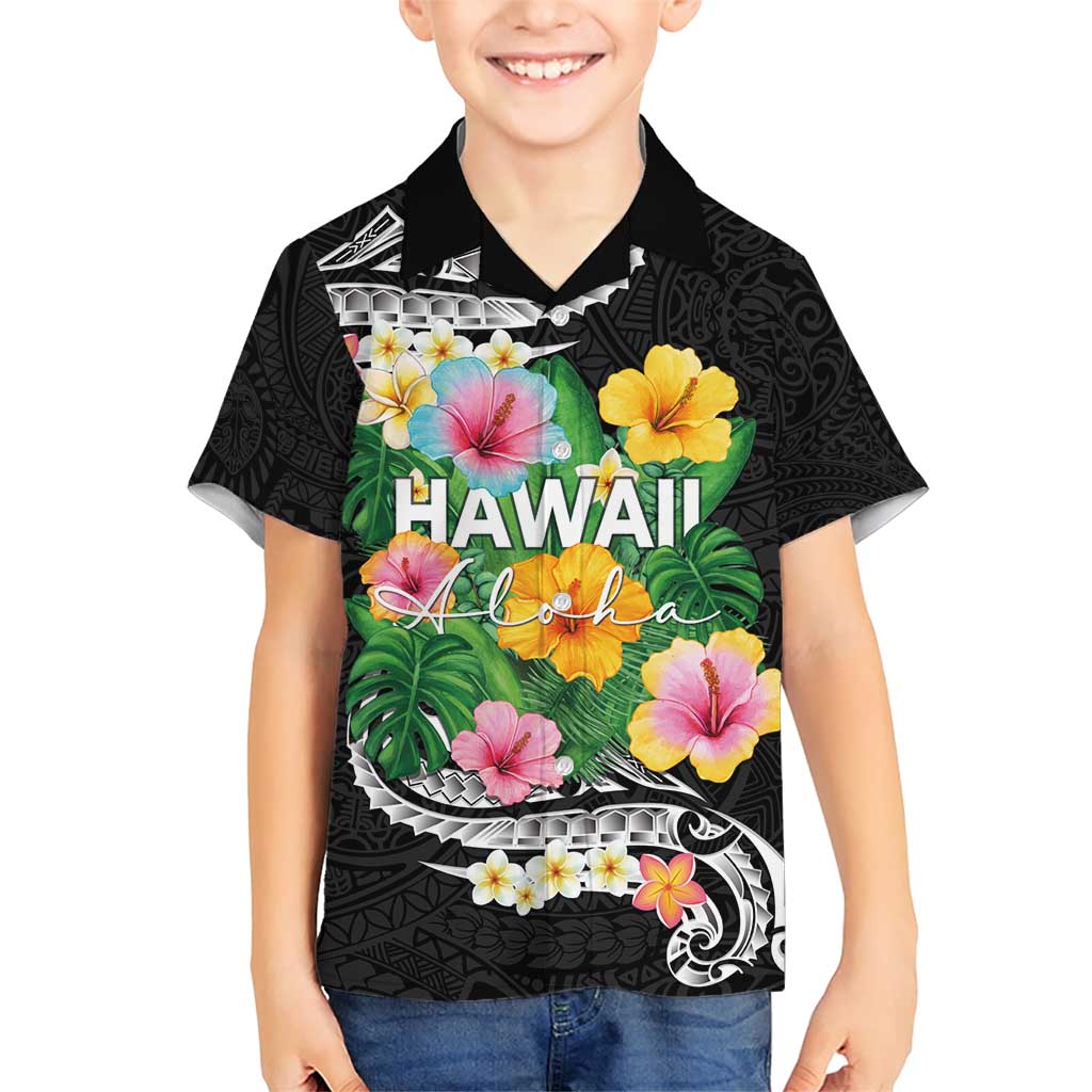 Hawaii Aloha Tropical Leaves and Flower Family Matching Short Sleeve Bodycon Dress and Hawaiian Shirt with Polynesian Art Tattoo Black Color - Polynesian Pride