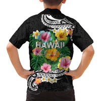 Hawaii Aloha Tropical Leaves and Flower Family Matching Summer Maxi Dress and Hawaiian Shirt with Polynesian Art Tattoo Black Color - Polynesian Pride