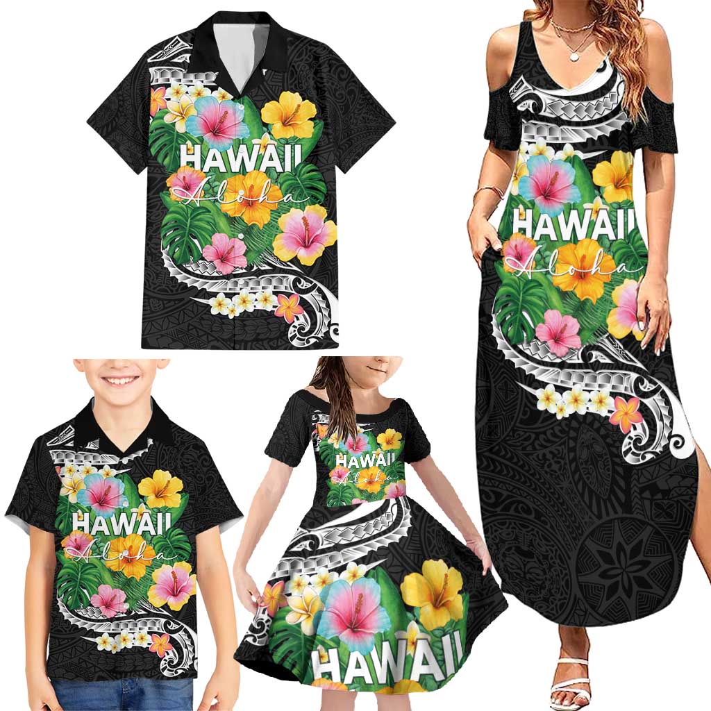 Hawaii Aloha Tropical Leaves and Flower Family Matching Summer Maxi Dress and Hawaiian Shirt with Polynesian Art Tattoo Black Color LT03 - Polynesian Pride