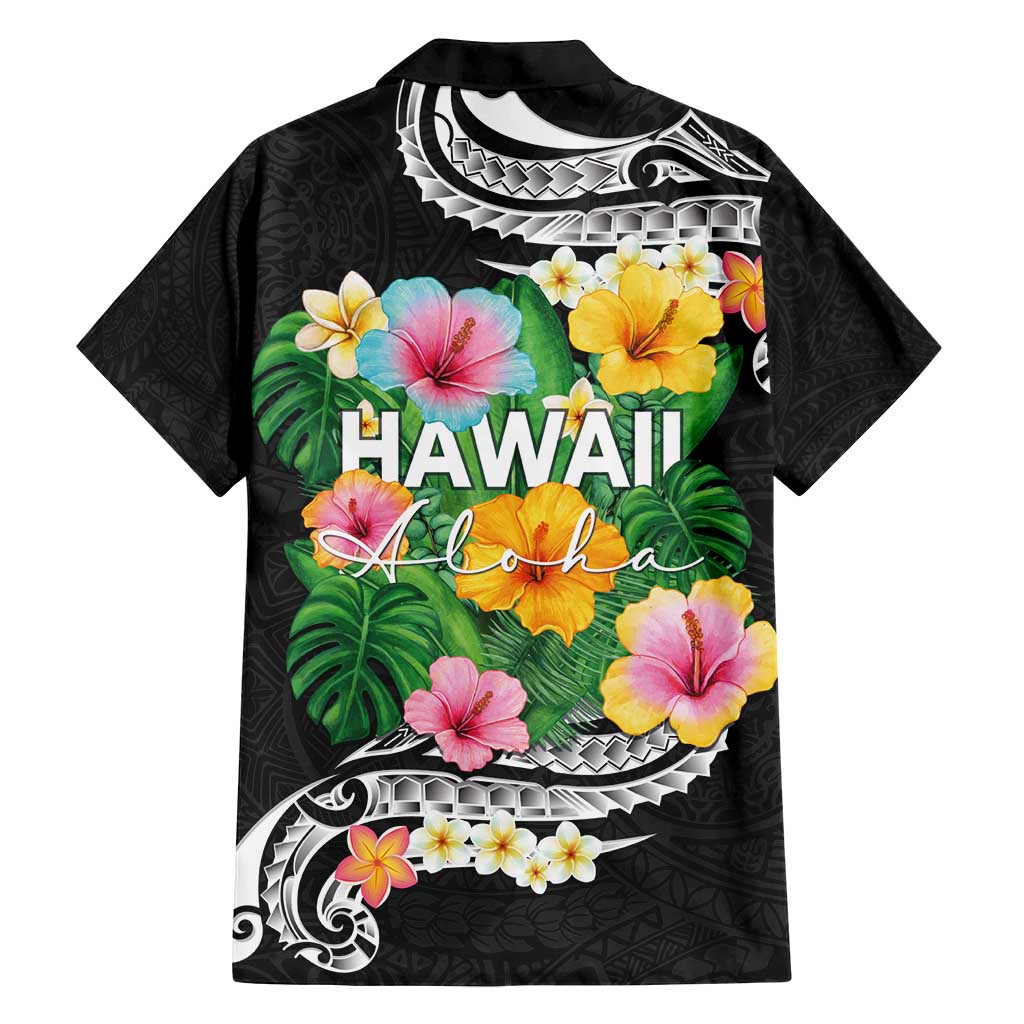 Hawaii Aloha Tropical Leaves and Flower Family Matching Summer Maxi Dress and Hawaiian Shirt with Polynesian Art Tattoo Black Color - Polynesian Pride
