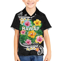 Hawaii Aloha Tropical Leaves and Flower Family Matching Summer Maxi Dress and Hawaiian Shirt with Polynesian Art Tattoo Black Color - Polynesian Pride