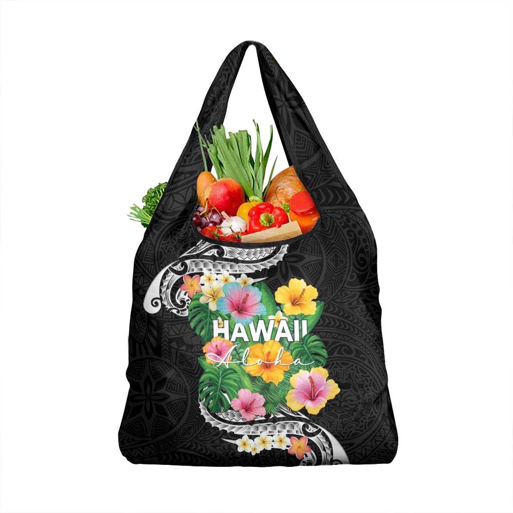 Hawaii Aloha Tropical Leaves and Flower Grocery Bag with Polynesian Art Tattoo Black Color LT03 1-pack One Size Black - Polynesian Pride