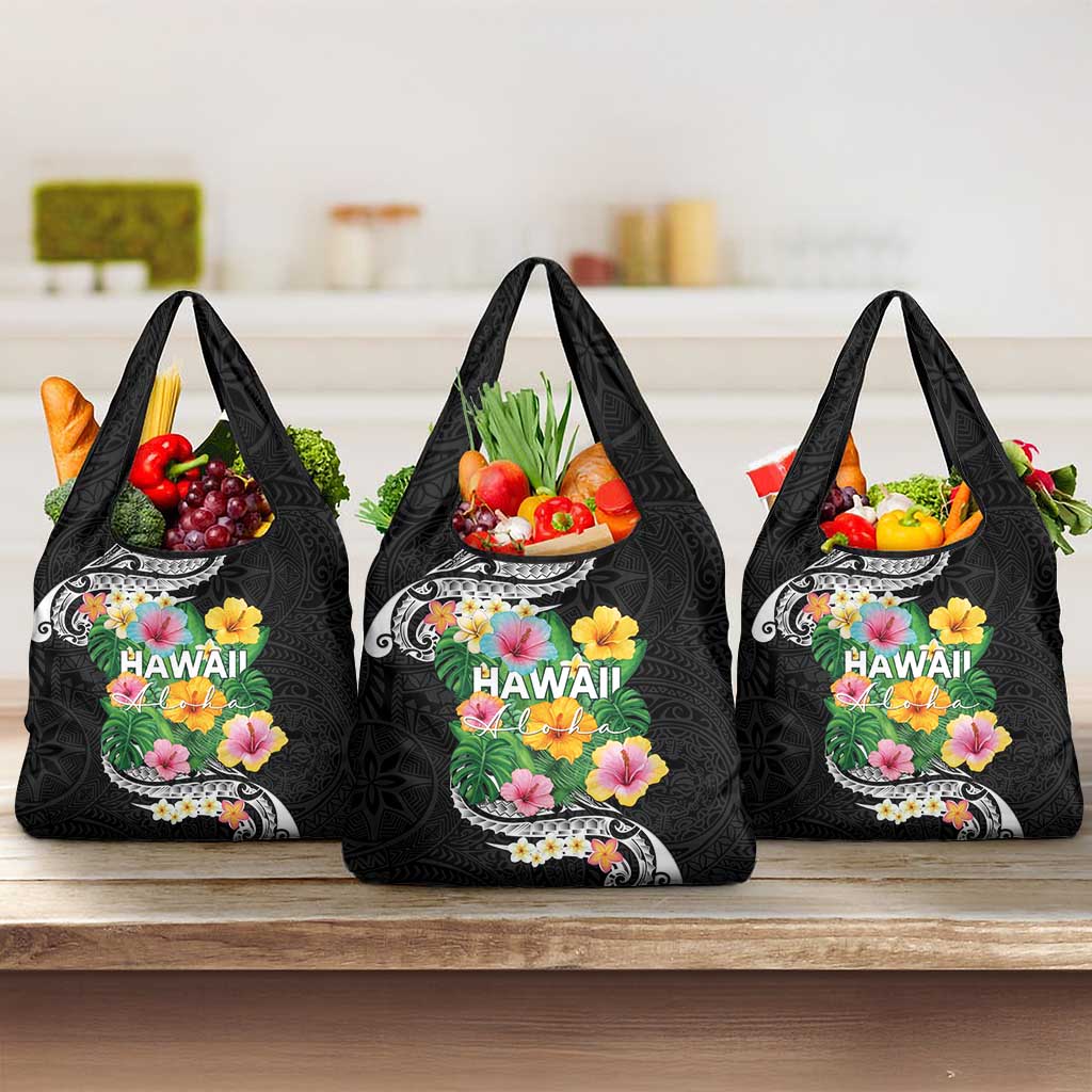 Hawaii Aloha Tropical Leaves and Flower Grocery Bag with Polynesian Art Tattoo Black Color LT03 3-pack One Size Black - Polynesian Pride