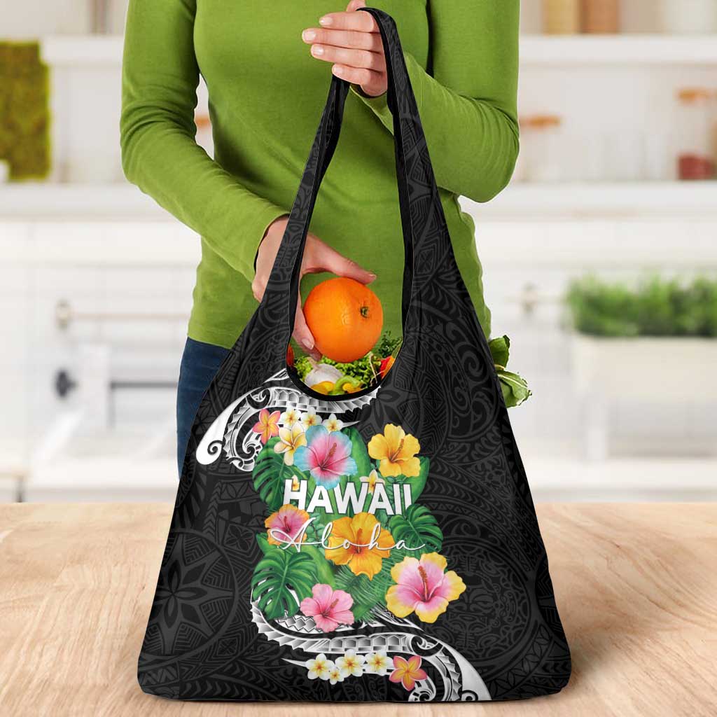 Hawaii Aloha Tropical Leaves and Flower Grocery Bag with Polynesian Art Tattoo Black Color LT03 - Polynesian Pride