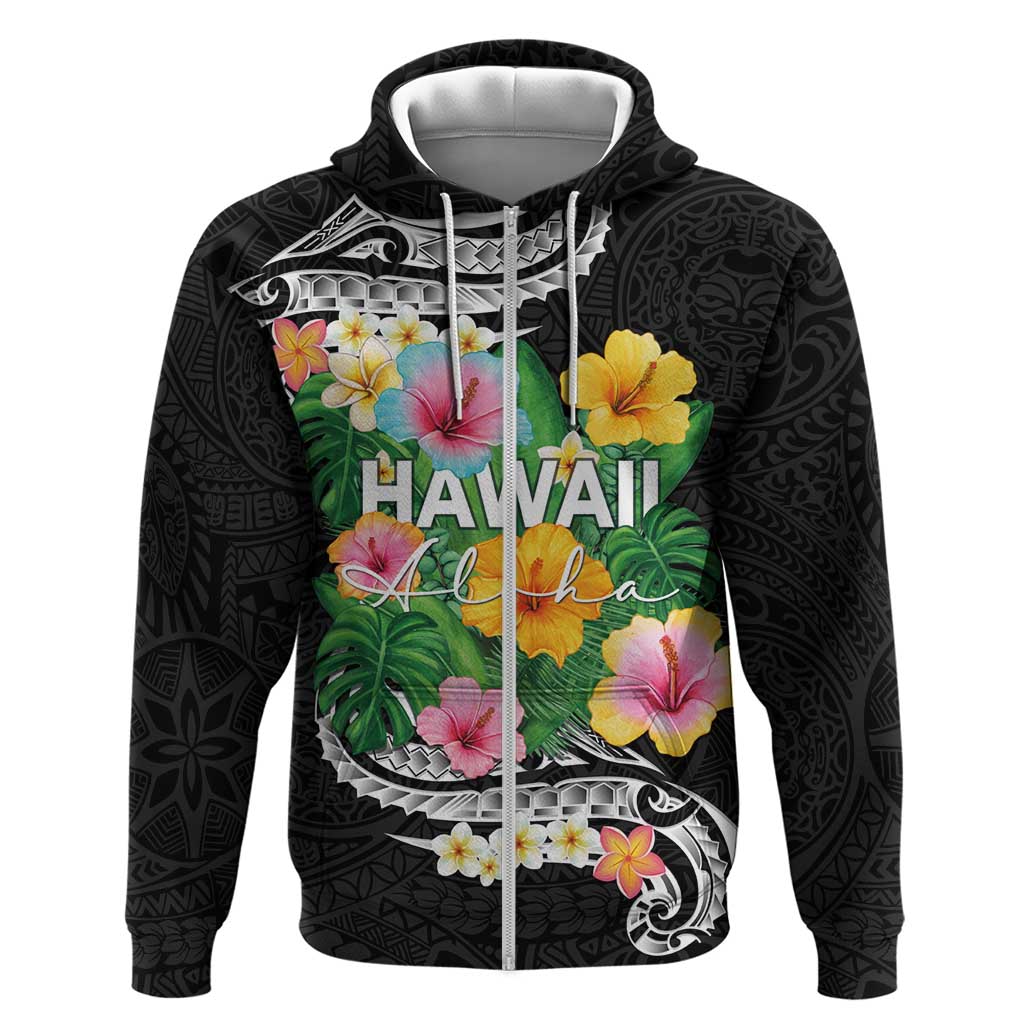 Hawaii Aloha Tropical Leaves and Flower Hoodie with Polynesian Art Tattoo Black Color - Polynesian Pride