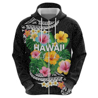 Hawaii Aloha Tropical Leaves and Flower Hoodie with Polynesian Art Tattoo Black Color - Polynesian Pride