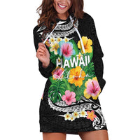 Hawaii Aloha Tropical Leaves and Flower Hoodie Dress with Polynesian Art Tattoo Black Color - Polynesian Pride