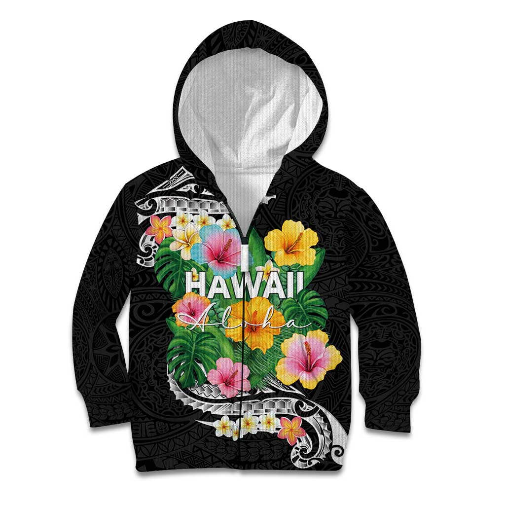 Hawaii Aloha Tropical Leaves and Flower Kid Hoodie with Polynesian Art Tattoo Black Color - Polynesian Pride