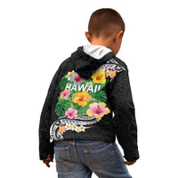 Hawaii Aloha Tropical Leaves and Flower Kid Hoodie with Polynesian Art Tattoo Black Color - Polynesian Pride