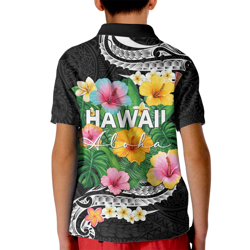 Hawaii Aloha Tropical Leaves and Flower Kid Polo Shirt with Polynesian Art Tattoo Black Color - Polynesian Pride