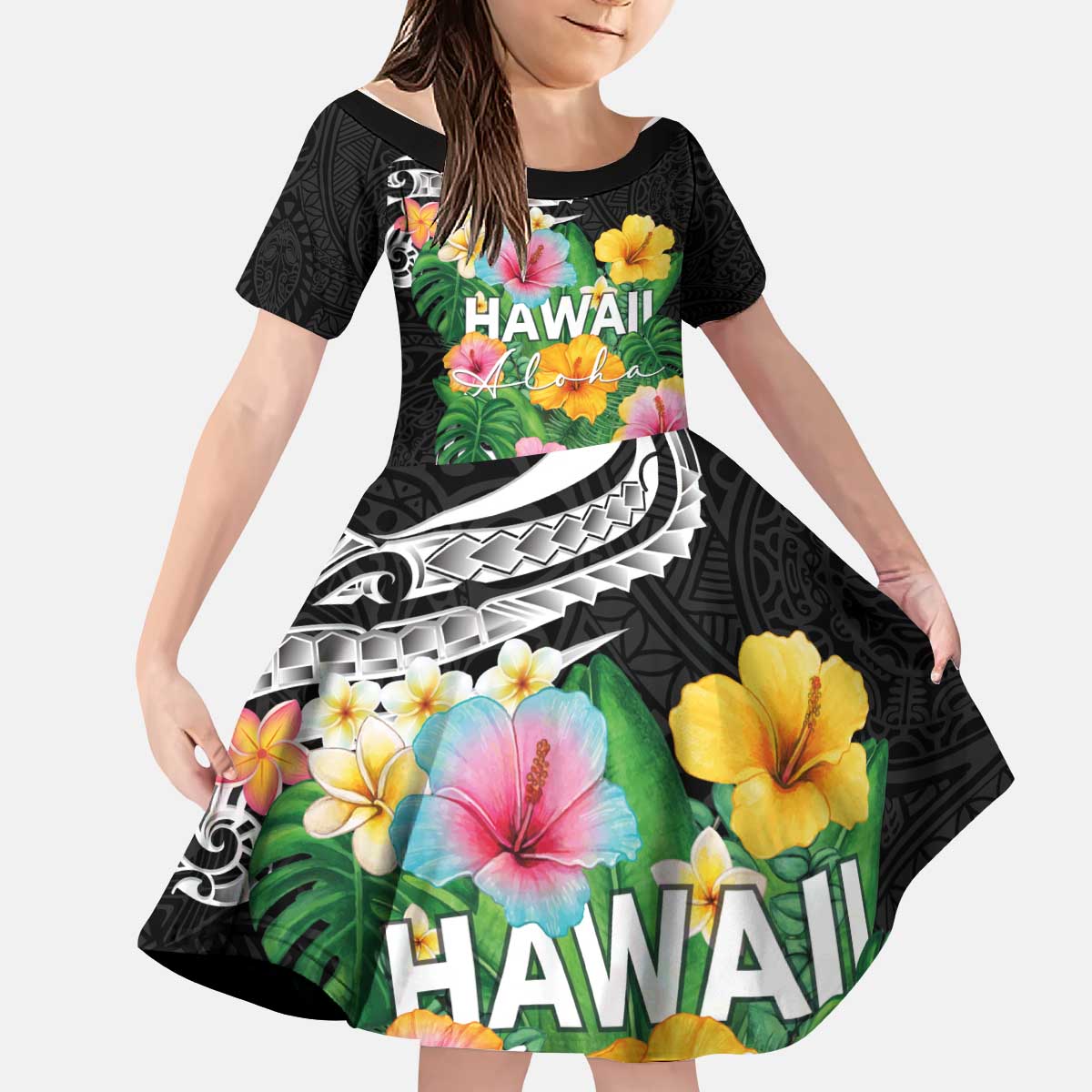 Hawaii Aloha Tropical Leaves and Flower Kid Short Sleeve Dress with Polynesian Art Tattoo Black Color - Polynesian Pride