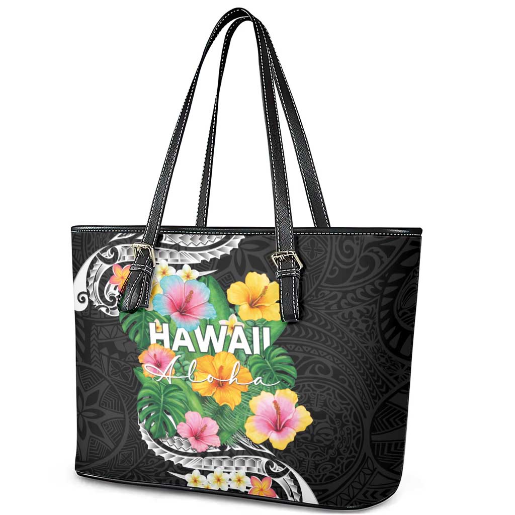 Hawaii Aloha Tropical Leaves and Flower Leather Tote Bag with Polynesian Art Tattoo Black Color - Polynesian Pride
