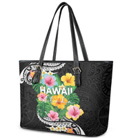 Hawaii Aloha Tropical Leaves and Flower Leather Tote Bag with Polynesian Art Tattoo Black Color - Polynesian Pride