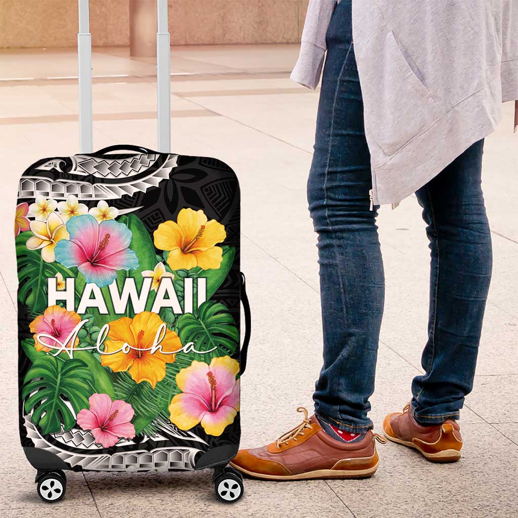 Hawaii Aloha Tropical Leaves and Flower Luggage Cover with Polynesian Art Tattoo Black Color - Polynesian Pride