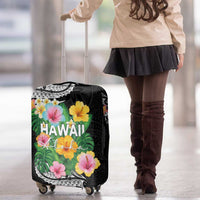 Hawaii Aloha Tropical Leaves and Flower Luggage Cover with Polynesian Art Tattoo Black Color - Polynesian Pride
