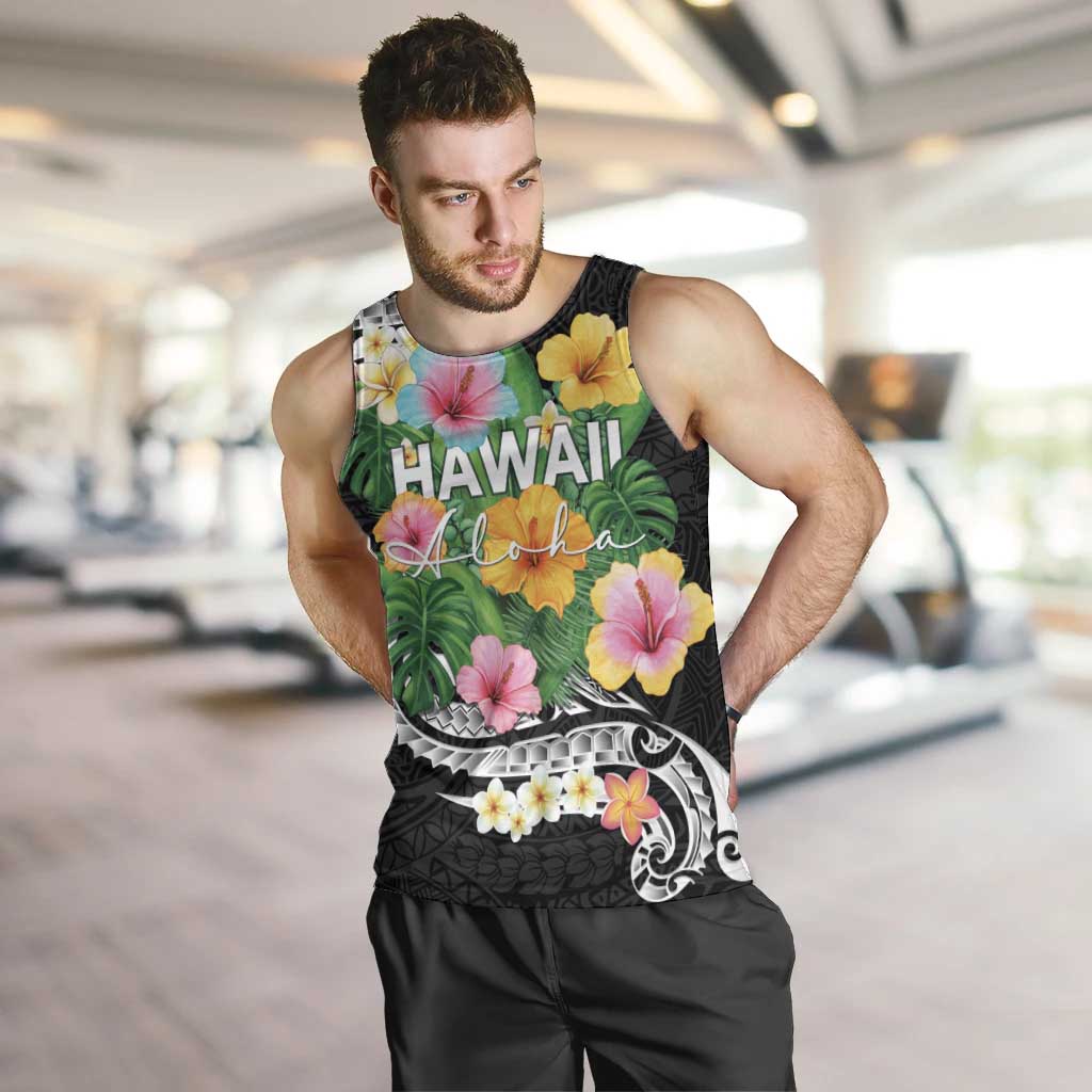 Hawaii Aloha Tropical Leaves and Flower Men Tank Top with Polynesian Art Tattoo Black Color LT03 Black - Polynesian Pride