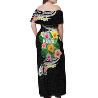 Hawaii Aloha Tropical Leaves and Flower Off Shoulder Maxi Dress with Polynesian Art Tattoo Black Color - Polynesian Pride