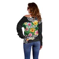 Hawaii Aloha Tropical Leaves and Flower Off Shoulder Sweater with Polynesian Art Tattoo Black Color - Polynesian Pride