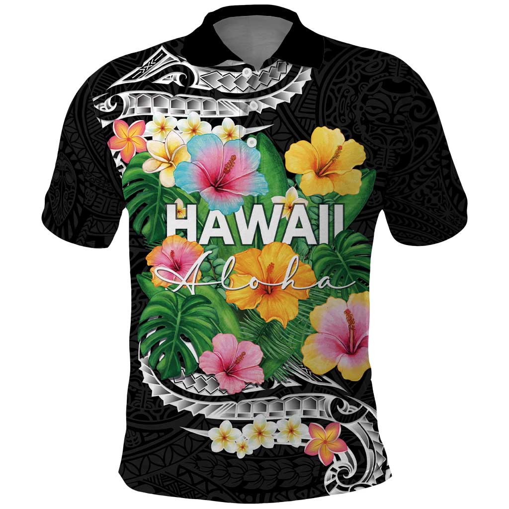 Hawaii Aloha Tropical Leaves and Flower Polo Shirt with Polynesian Art Tattoo Black Color - Polynesian Pride