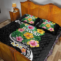 Hawaii Aloha Tropical Leaves and Flower Quilt Bed Set with Polynesian Art Tattoo Black Color - Polynesian Pride