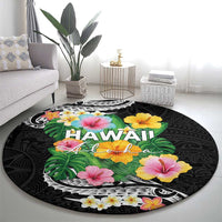 Hawaii Aloha Tropical Leaves and Flower Round Carpet with Polynesian Art Tattoo Black Color - Polynesian Pride