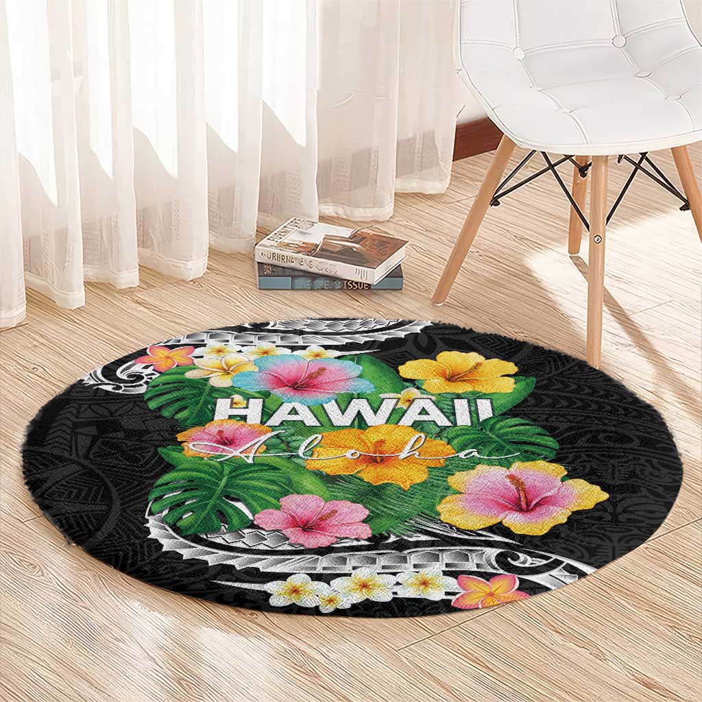 Hawaii Aloha Tropical Leaves and Flower Round Carpet with Polynesian Art Tattoo Black Color - Polynesian Pride
