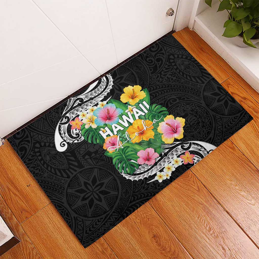 Hawaii Aloha Tropical Leaves and Flower Rubber Doormat with Polynesian Art Tattoo Black Color LT03 - Polynesian Pride