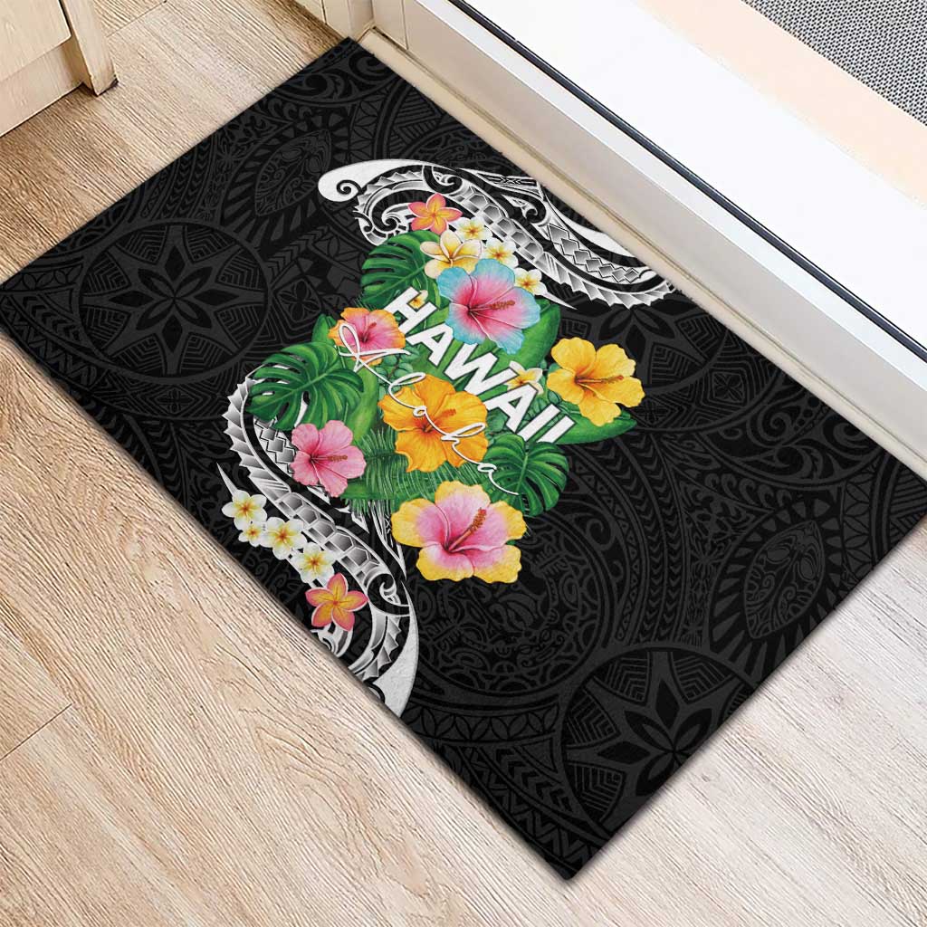 Hawaii Aloha Tropical Leaves and Flower Rubber Doormat with Polynesian Art Tattoo Black Color LT03 - Polynesian Pride