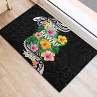Hawaii Aloha Tropical Leaves and Flower Rubber Doormat with Polynesian Art Tattoo Black Color LT03 - Polynesian Pride