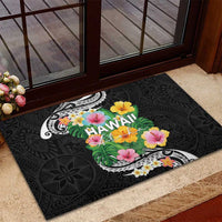 Hawaii Aloha Tropical Leaves and Flower Rubber Doormat with Polynesian Art Tattoo Black Color LT03 - Polynesian Pride