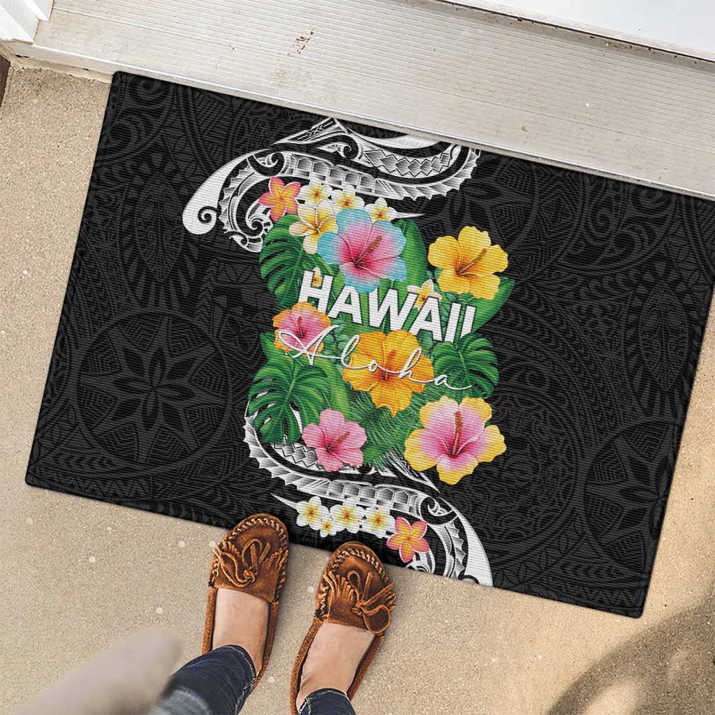 Hawaii Aloha Tropical Leaves and Flower Rubber Doormat with Polynesian Art Tattoo Black Color LT03 - Polynesian Pride